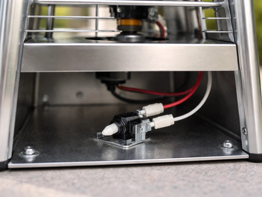 Close-up of a patio heater base showing a tilt safety switch mechanism near the bottom housing.