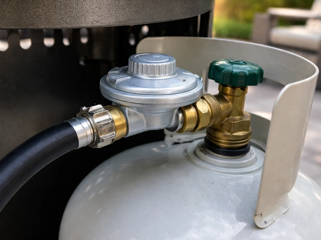 Close-up of a propane patio heater regulator and valve connection with hose in clear natural light