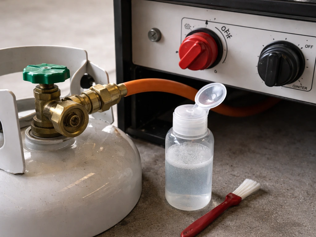 Close-up of a propane tank valve turned fully clockwise near heater knobs with soapy leak-test bottle nearby.
