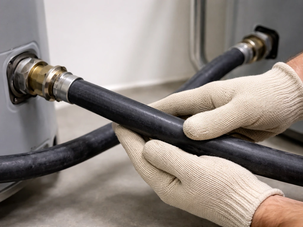 Close-up of gloved hands running along a supply hose from tank connection toward a heater body, checking for kinks.