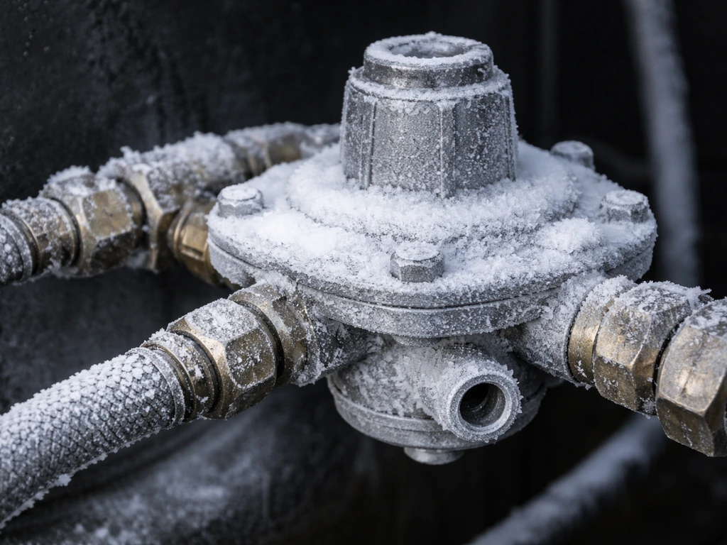 Close-up of a gas regulator with visible frost and a clear side vent opening in a cold, dim setting.