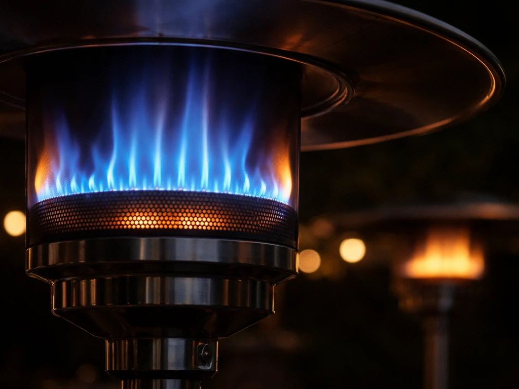 Close-up of a healthy blue propane flame on a patio heater with faint yellow tips at the edges.