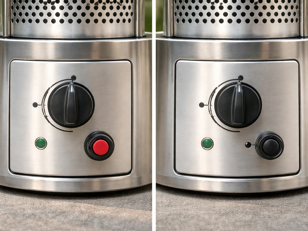 Close-up of a patio heater control area with knob and ignition button showing two different layout examples