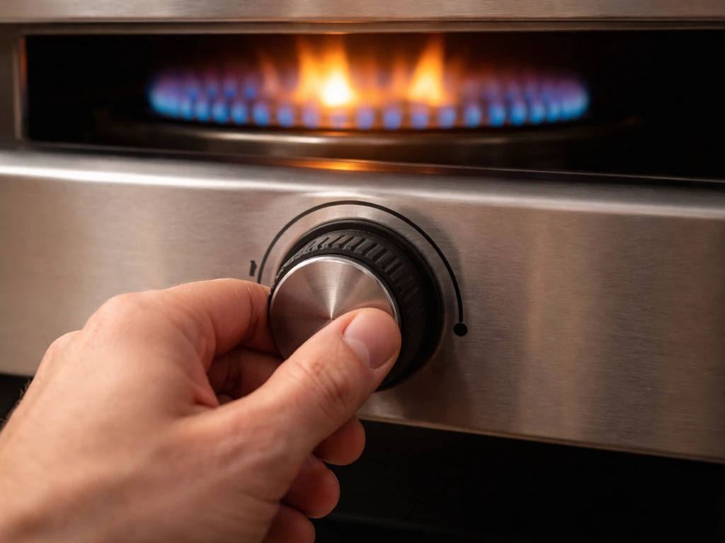 Close-up of a gas heater control knob being turned while a visible burner flame changes intensity.