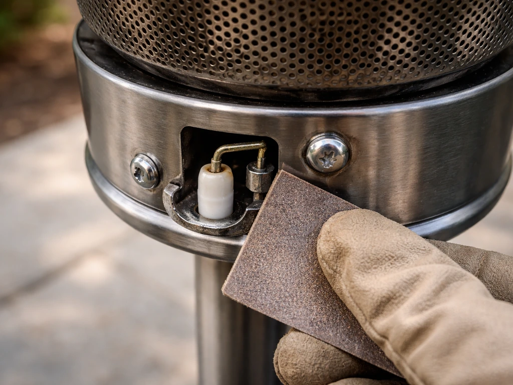 Close-up of a patio heater igniter electrode and burner head, showing corroded tip ready for cleaning.