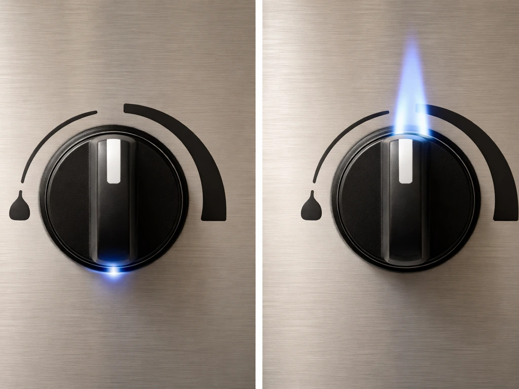 Close-up of a gas heater control dial on low vs high, showing changes in flame intensity.