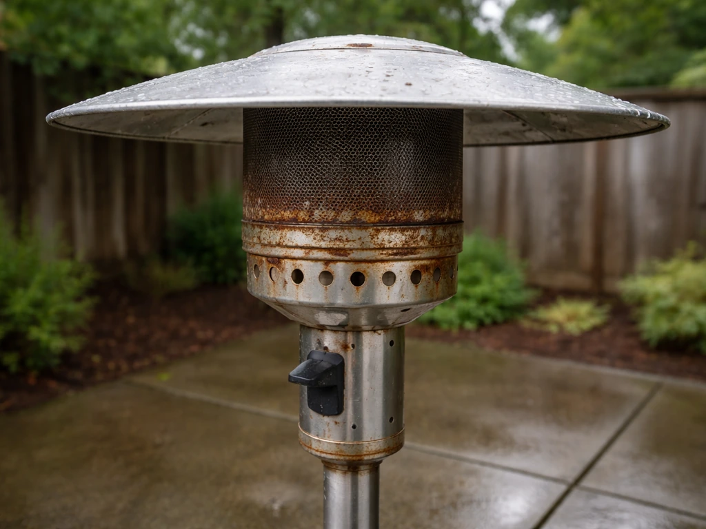 Outdoor patio heater with visibly corroded burner screen and aged, rusted exterior from rain and UV