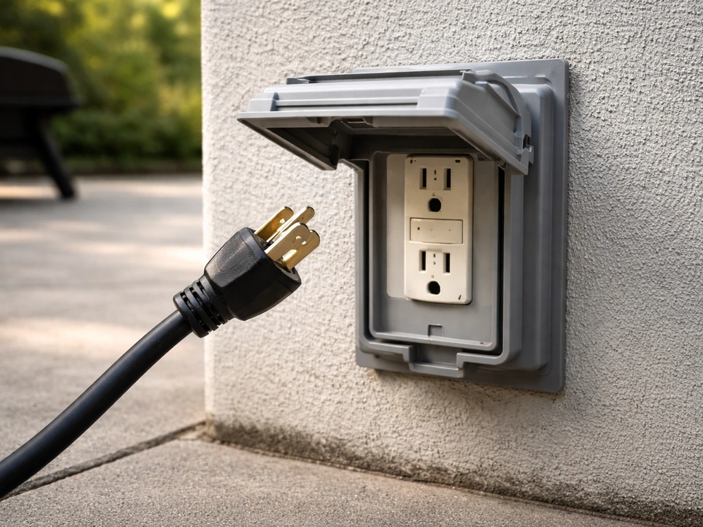 Outdoor GFCI outlet with grounded plug ready for an electric grill connection, emphasizing safe power access.