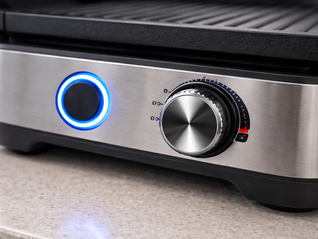 Close-up of a grill controller showing a blue-ready power light and temperature setting during dry preheat.