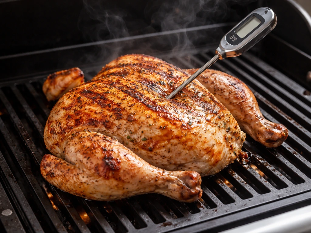 Close-up of a chicken on an electric grill with a meat thermometer probe inserted for safe temperature.