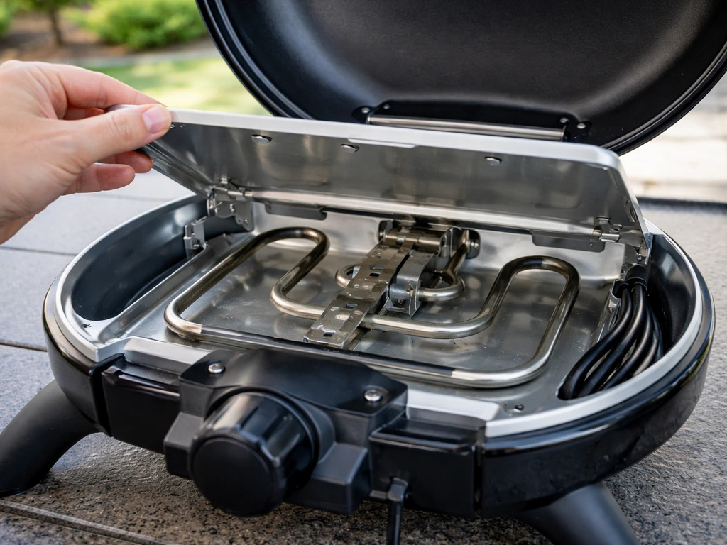 An open Char-Broil electric grill with the controller seated and an inspection focus on the heating area