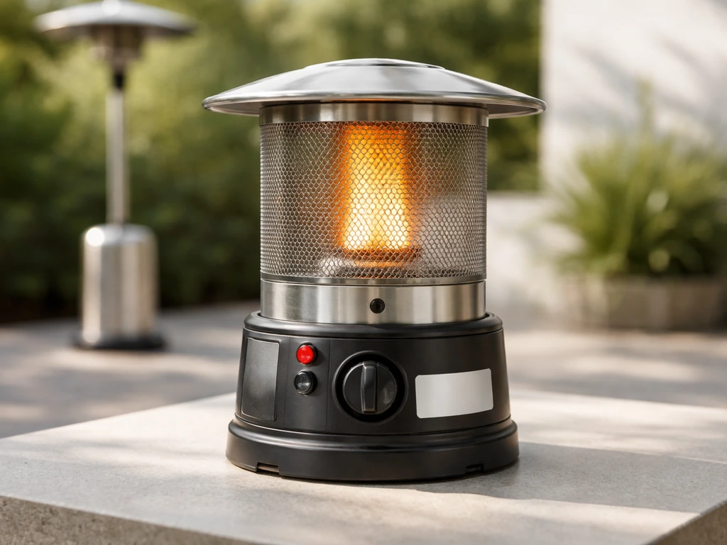 Minimal outdoor scene with a tabletop patio heater and a blank model label area on the heater.