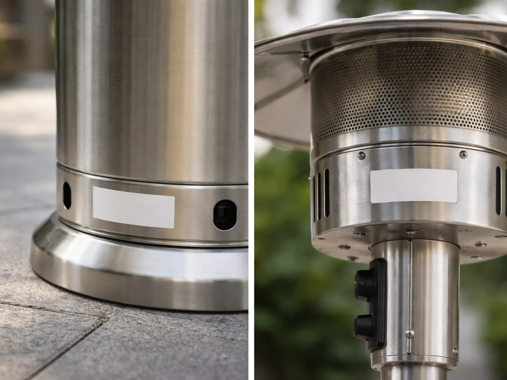 Close-up of a heater’s model sticker on the base and back of the burner head housing, with two highlighted areas.