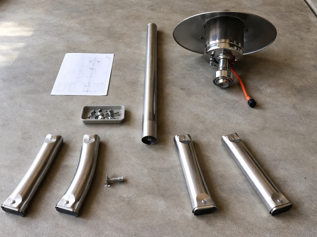 Premium patio heater parts laid out on a clean floor with base legs, pole, and burner head aligned to a manual diagram.