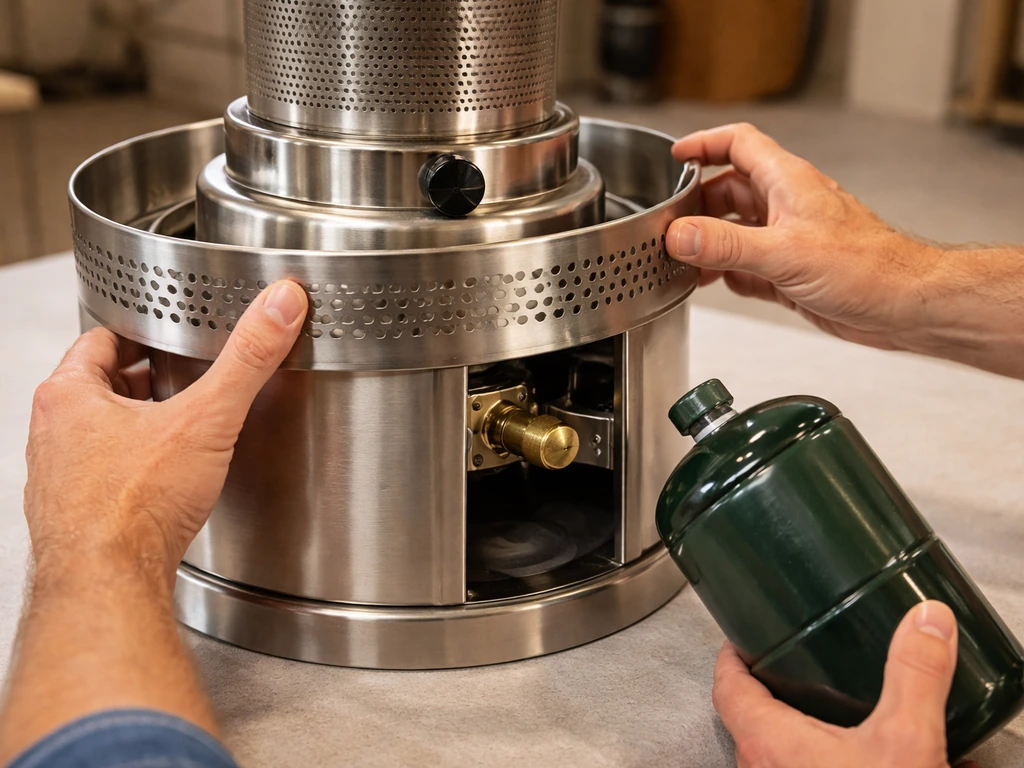 Hands attaching a decorative guard panel to a tabletop propane heater on a worktable while prepping the cylinder connect
