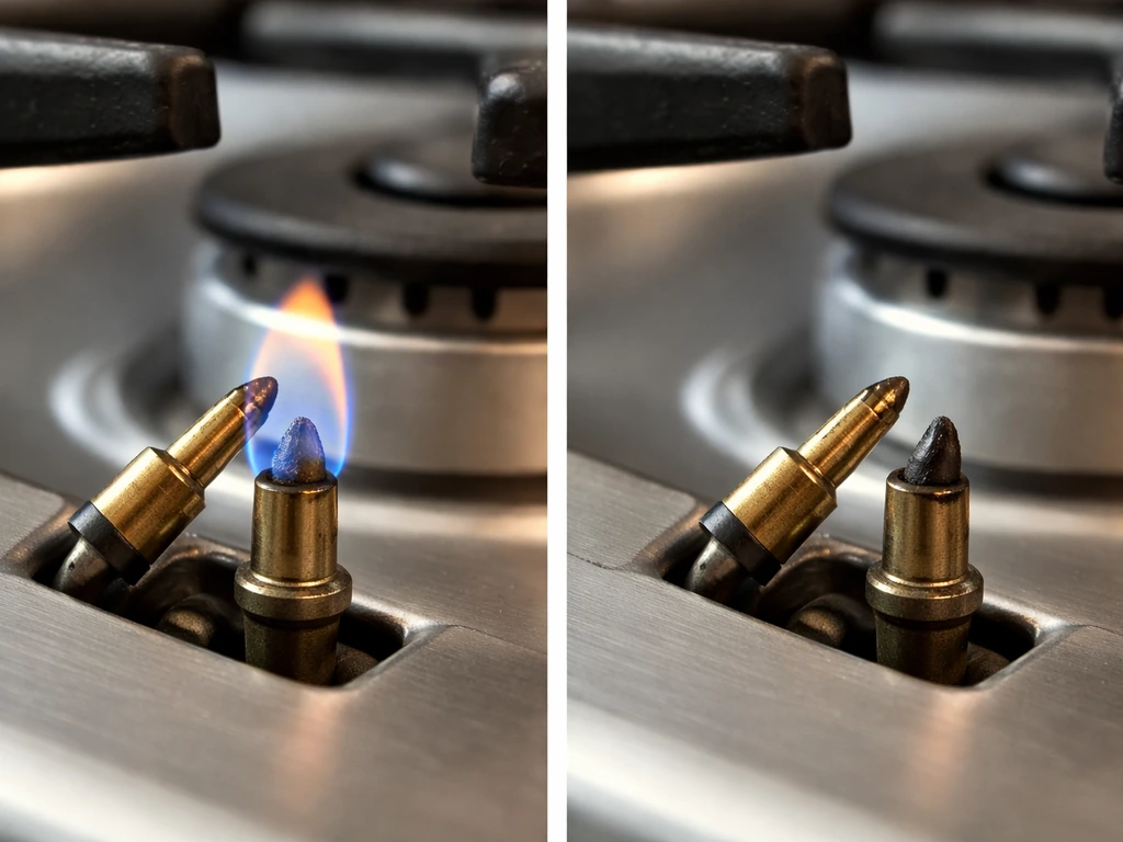 Gas stove pilot flame with thermocouple tip correctly in the flame vs soot/bent misaligned tip.