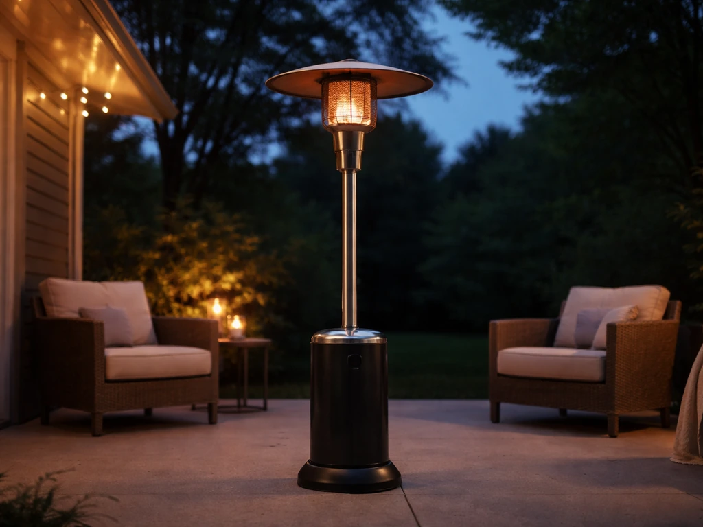 Freshly placed freestanding patio heater glowing warmly on a quiet dusk patio ready for same-day use.