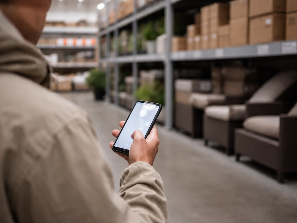 Customer in a hardware store using a smartphone to check same-day pickup for a patio heater.