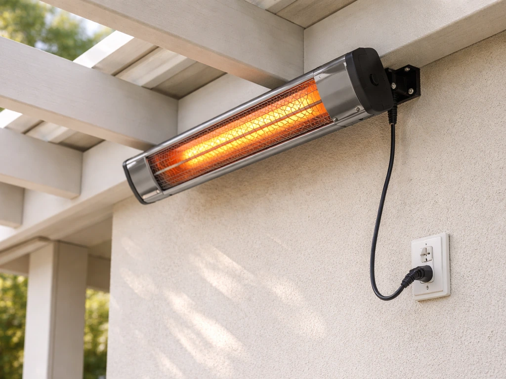 Electric infrared patio heater mounted under a covered pergola with power outlet and cord visible