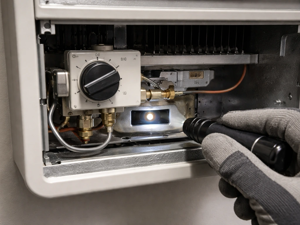 Close-up of gas heater pilot area with open panel and flashlight directed at the pilot viewing window.