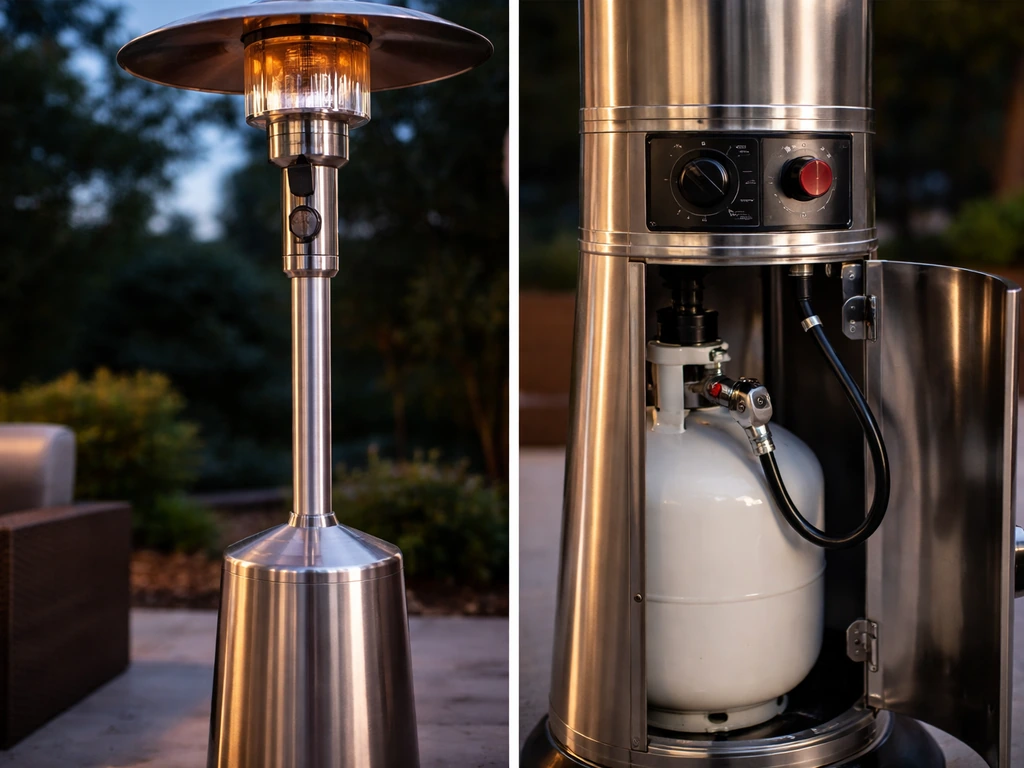 Fire Sense standing patio heater outdoors with control panel and gas connection area visible