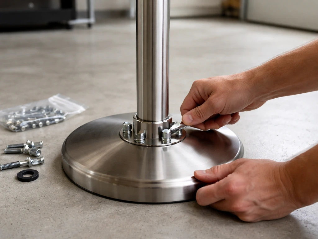 Hands tightening a heater pole section to a base hub with a wrench, parts neatly laid out nearby.