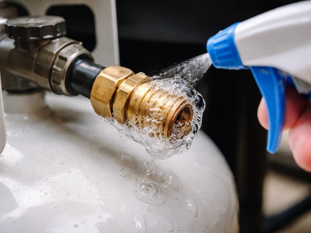 Soapy water bubbles forming at a propane connection joint during a leak test