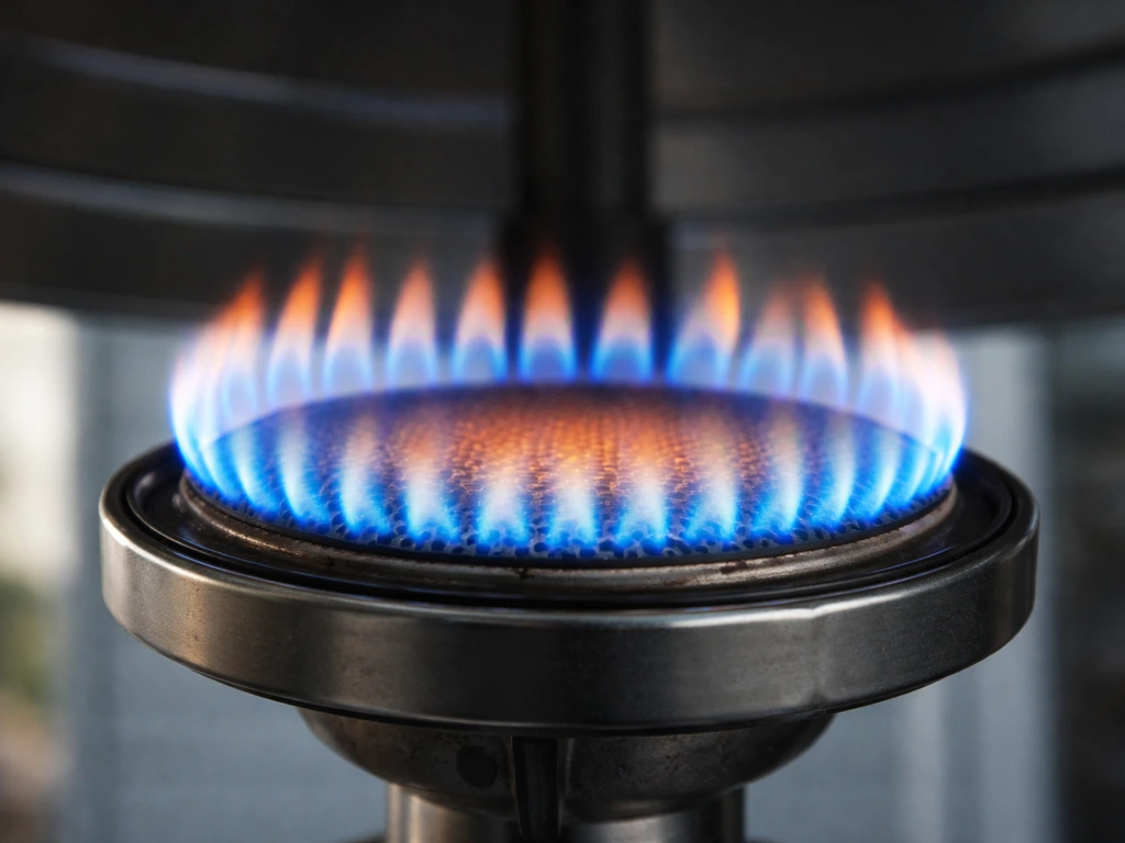 Close-up of a gas heater burner emitter with steady blue flame and slight orange tips around the ring