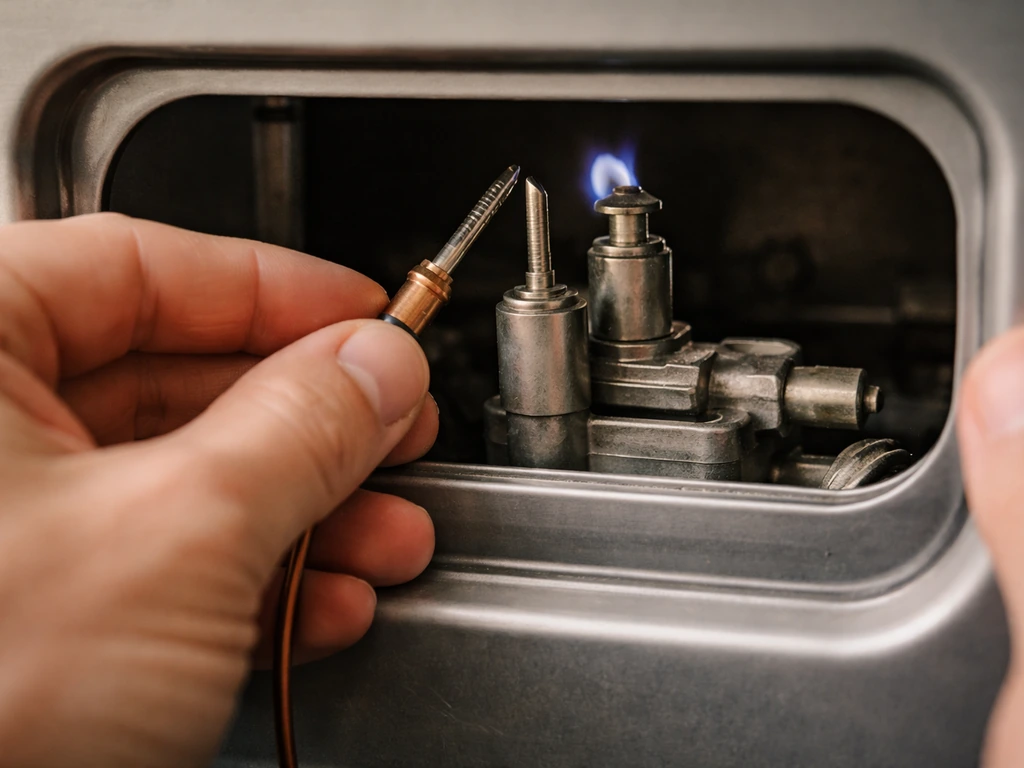 Close-up of a copper thermocouple probe near the pilot burner area on a gas heater