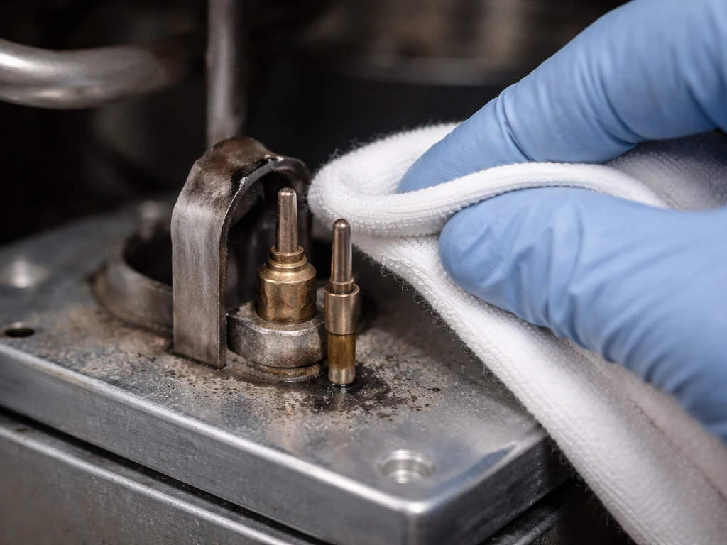 Close-up of a technician gently cleaning a gas furnace pilot/thermocouple tip area with a soft cloth