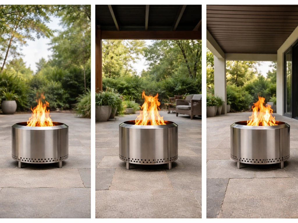 Three Solo Stove fire pits on patios with different clearances under overhead structures, showing stand gaps