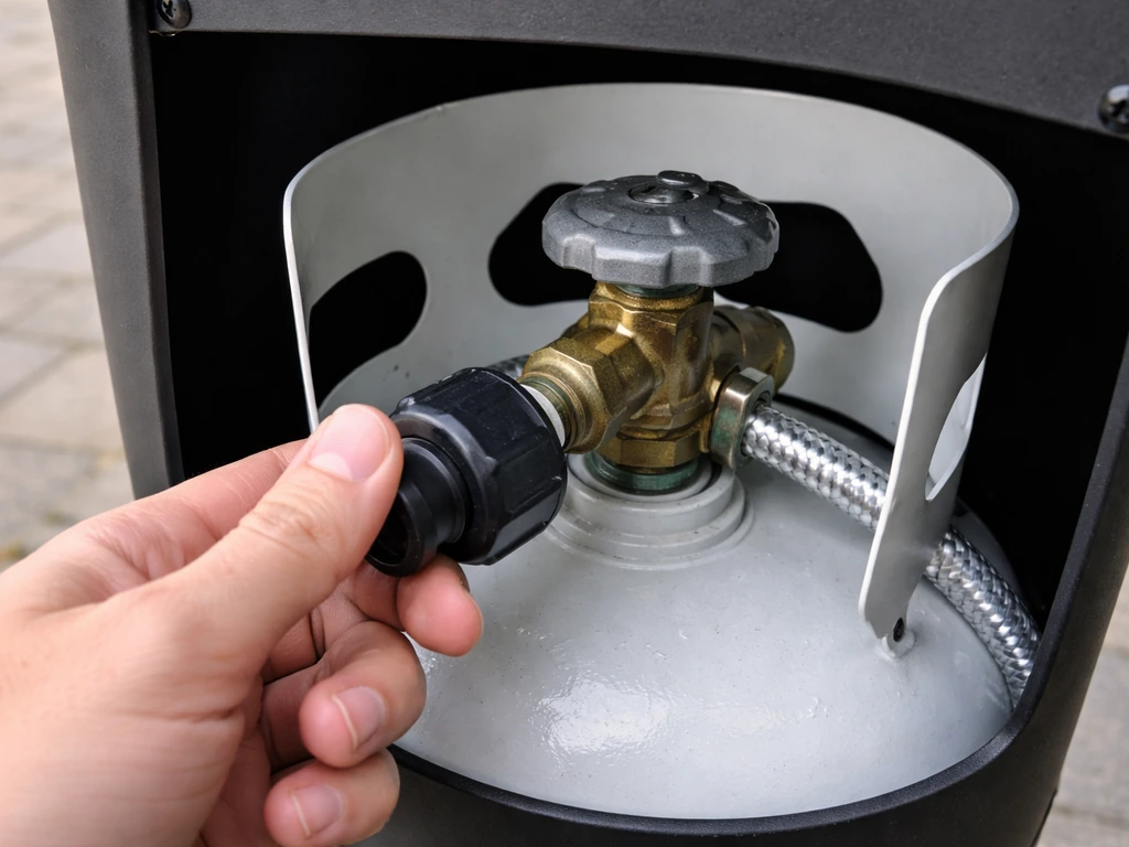 Close-up of a propane tank regulator connection on a patio heater with a hand-tightened fitting visible.