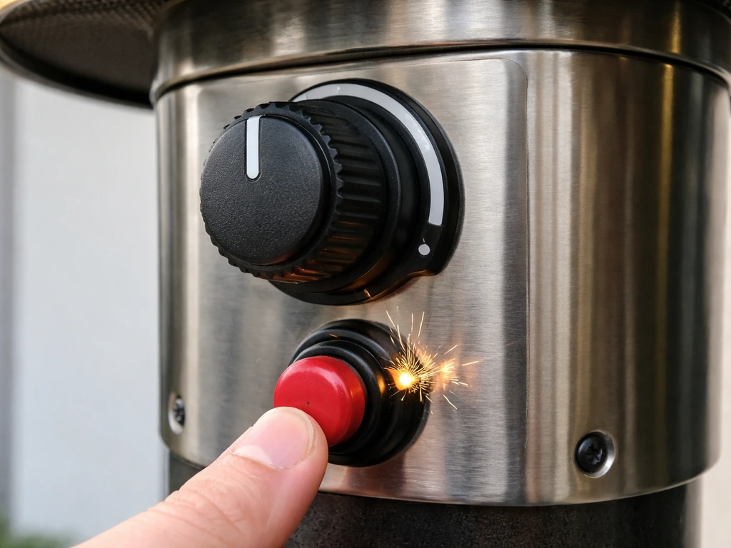Close-up of a propane heater’s control knob with the push-to-ignite area sparking