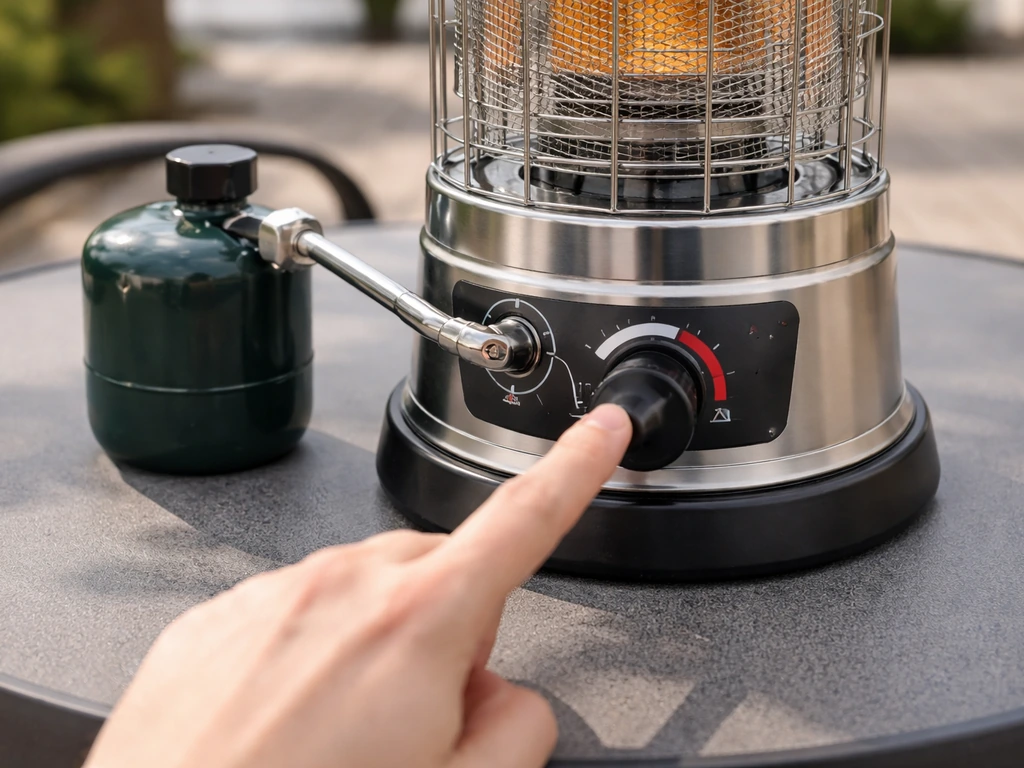 Compact tabletop propane heater on a patio table with a small 1 lb cylinder connected, close on control area.