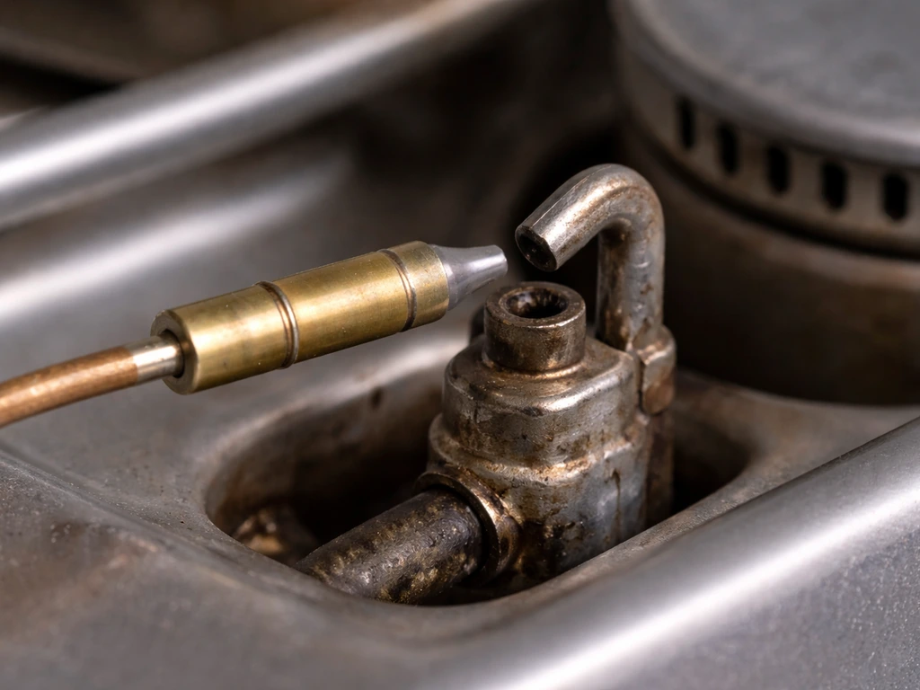 Close-up of a thermocouple probe tip near the pilot flame area on a gas burner.