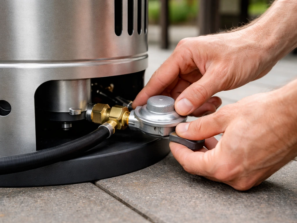 Anonymous hands inspecting a patio heater’s gas hose and ignition connection before first use.