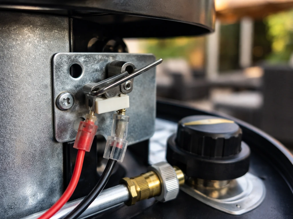 Close-up of a patio heater safety tilt (tip-over) switch hardware and lever trigger area.