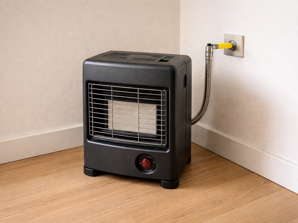 Cooled portable gas heater with gas valve shut off, safety-focused scene before any handling.