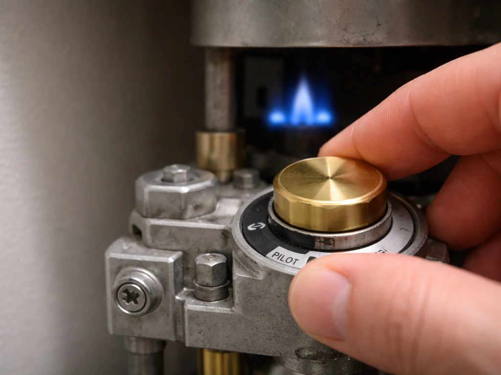 Hand holding a gas heater knob while a blue pilot flame burns, confirming post-reset ignition.