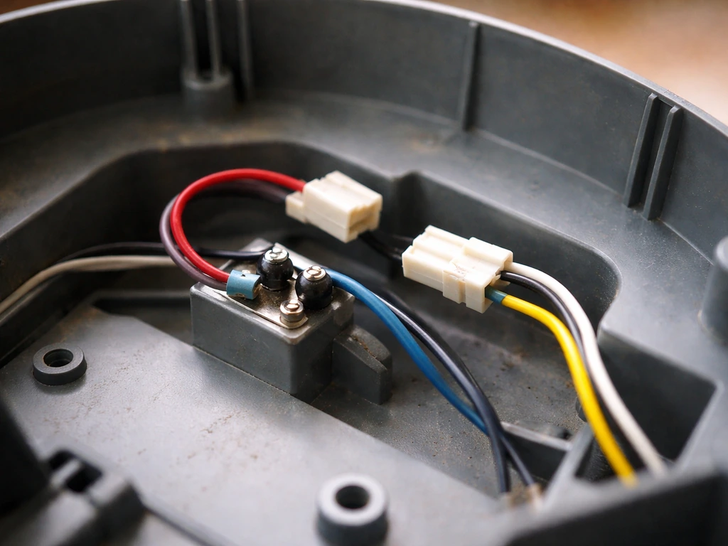 Close-up of a tilt switch area with wiring connectors slightly loose after a tip-over.
