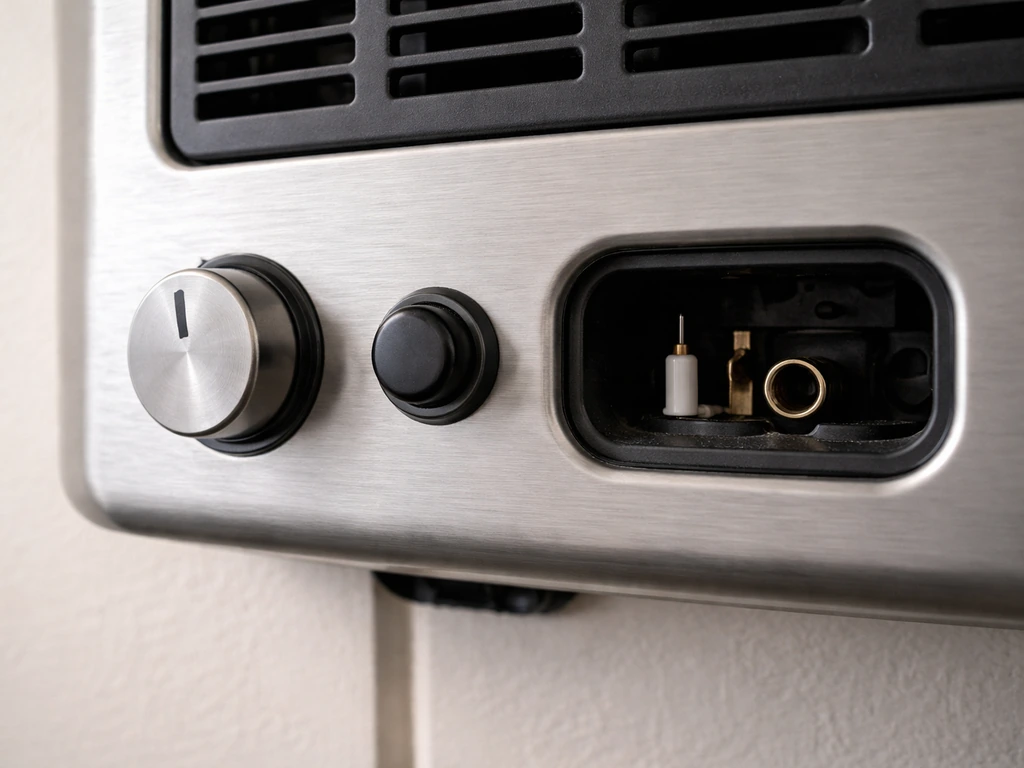 Close-up of a gas heater’s unlit burner and igniter button area with control knob visible.