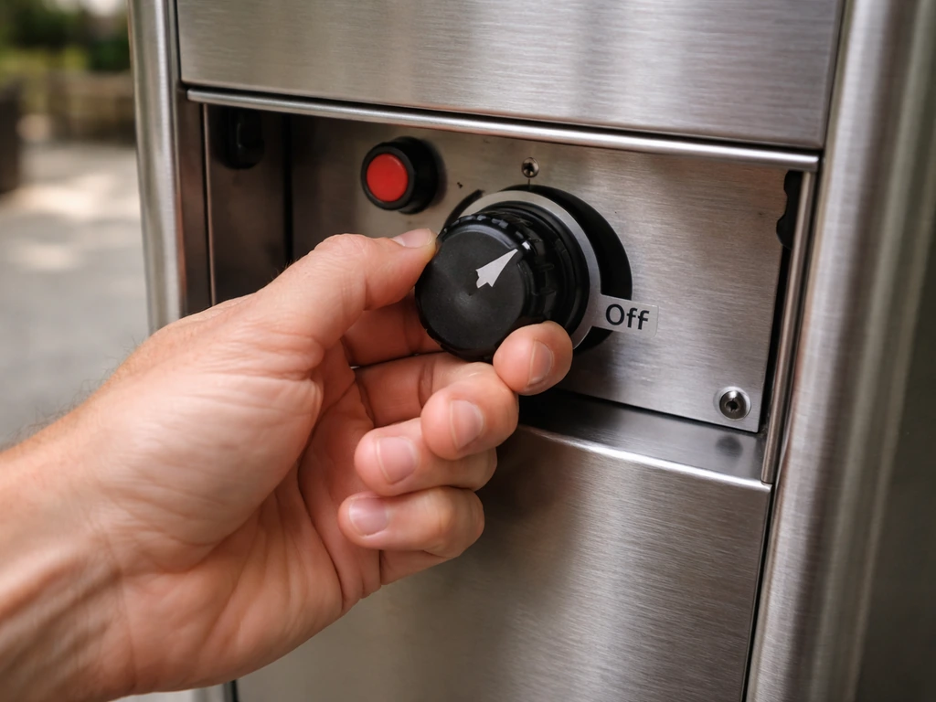 Close-up of hands turning a patio heater control knob to the off position safely.