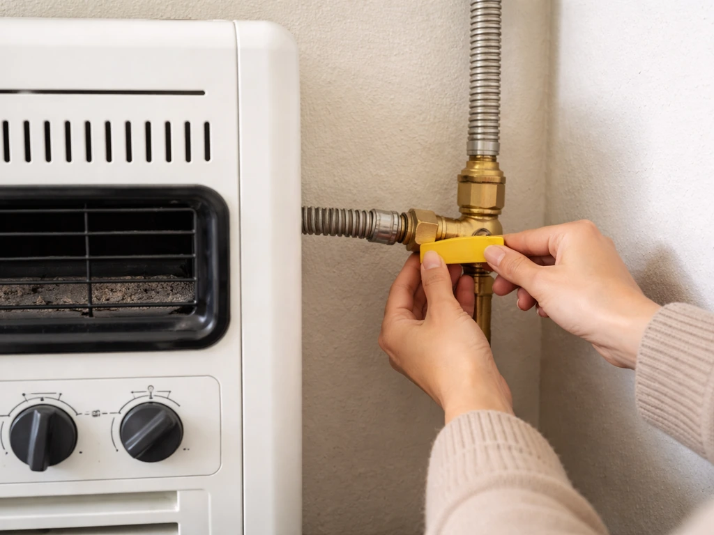 Close-up of a gas shutoff valve turned OFF beside a heater, no flames, safety-focused setup.
