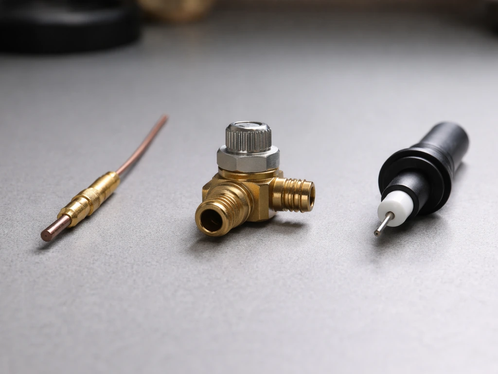 Close-up lineup of thermocouple and fuel regulator/connector components on a workbench for gas troubleshooting.