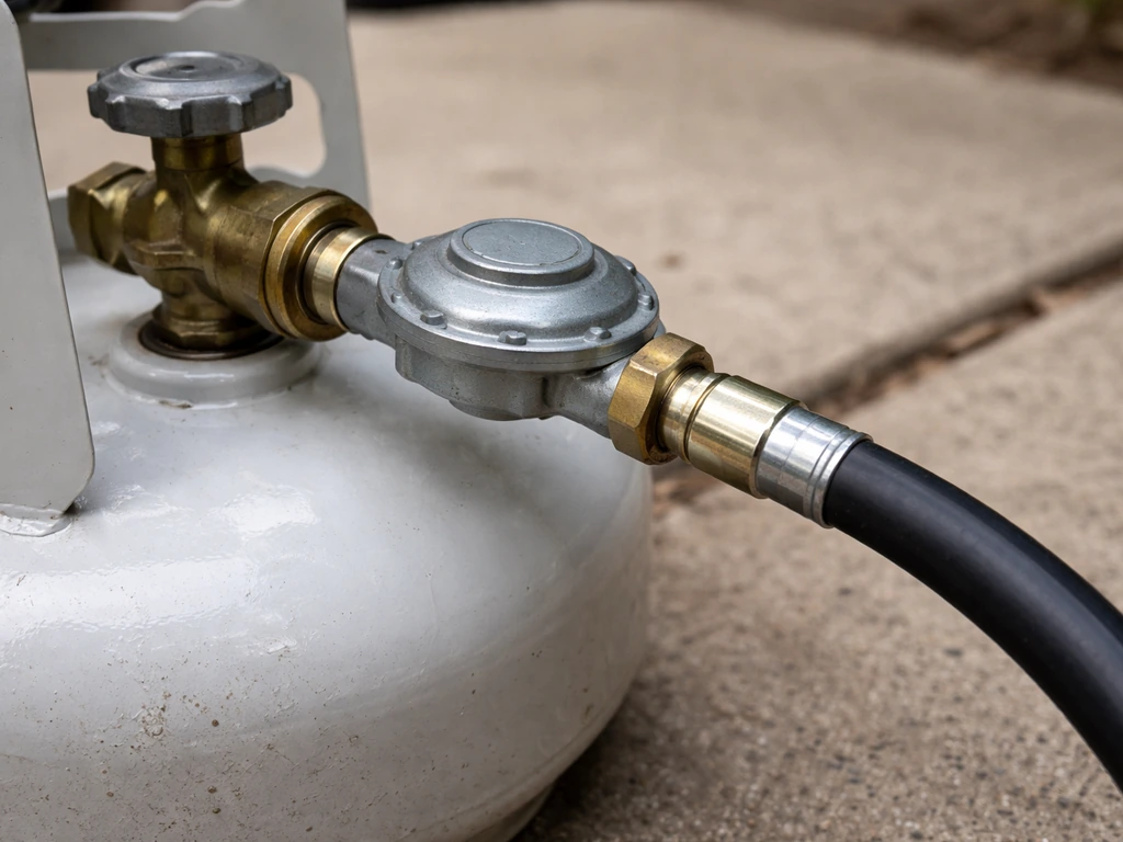 Close-up of a properly seated propane cylinder regulator connection with hose in view, no flames.