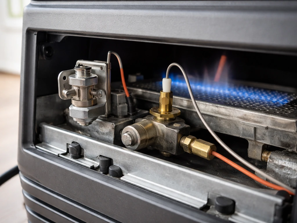 Close-up of a heater’s burner and safety sensors near the control assembly, showing tilt switch and thermocouple