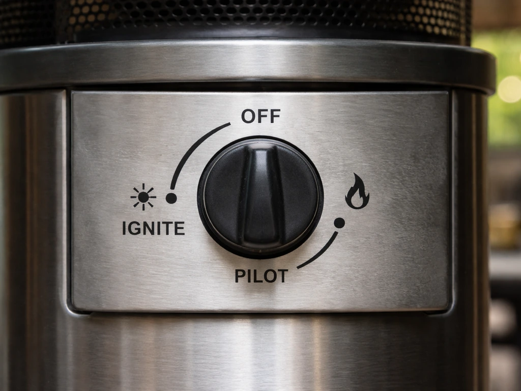Close-up of a propane patio heater gas control knob with OFF/IGNITE/PILOT/control layout