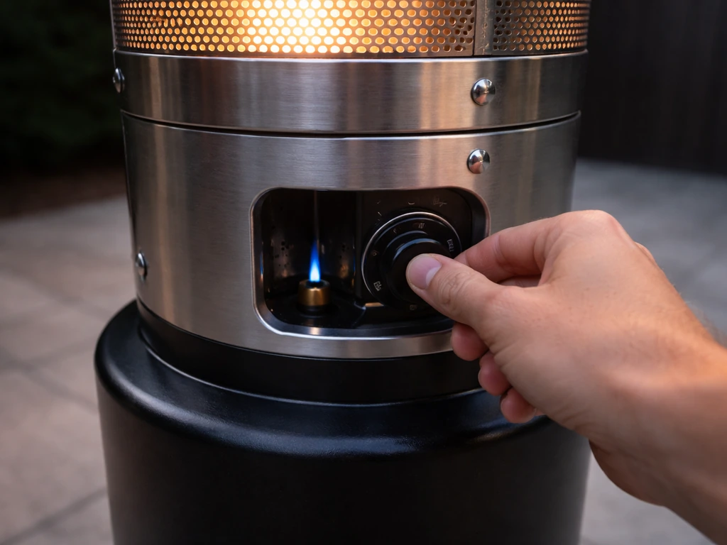 Hand turning a propane patio heater control knob while a small blue pilot flame appears near the valve.