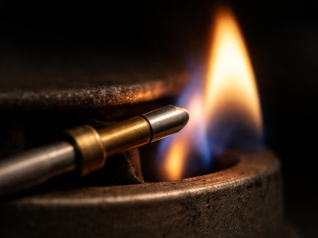 Macro close-up of a thermocouple probe tip positioned near a small pilot flame