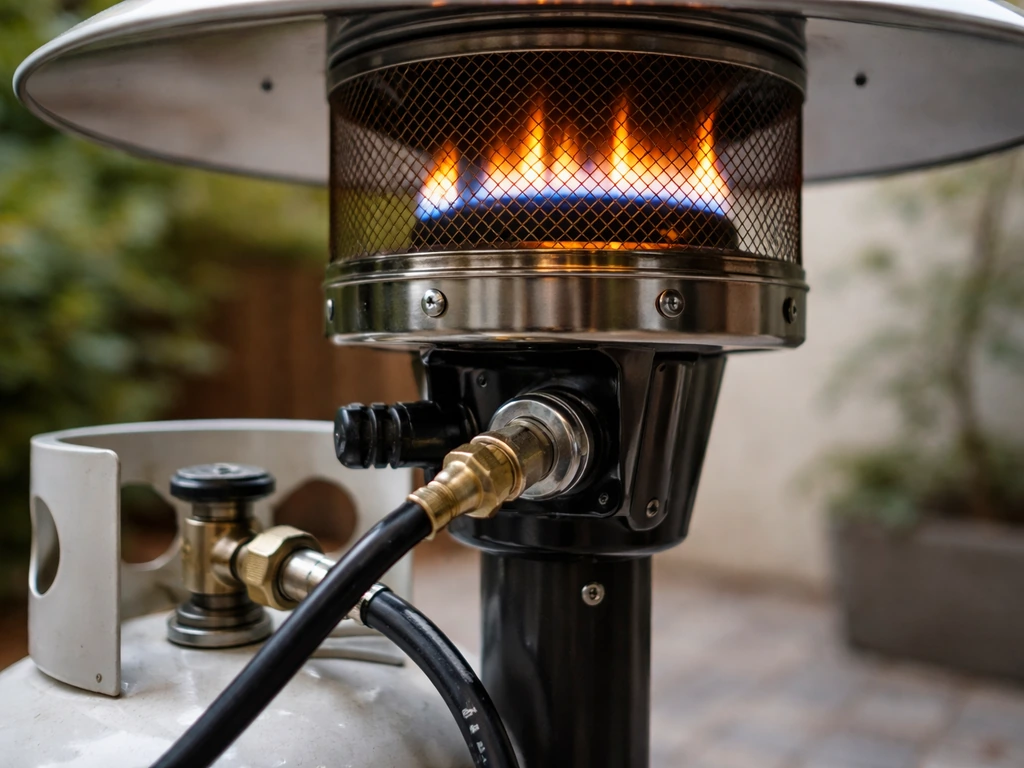 Close view of a lit patio heater with a steady blue pilot flame and visible tank/regulator connection.
